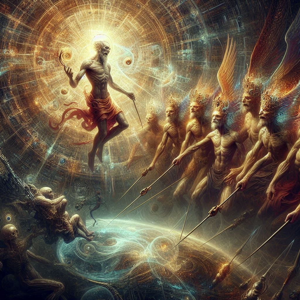 Ilustración conceptual de un hombre moderno en transformación, rodeado de símbolos que representan el crecimiento personal y la evolución de la masculinidad